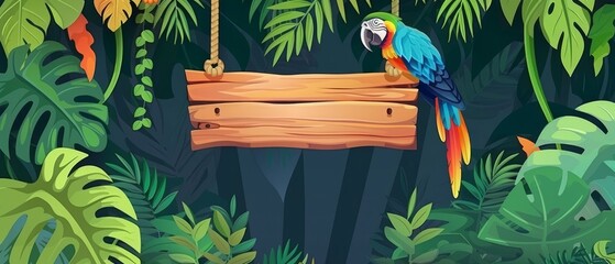 Naklejka premium Animated rain forest background with tropical leaves, birds, and wood banner. Wooden sign board hanging on vines in the jungle.