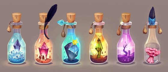 Fantasy liquid wizard elixir in chemistry vials in glass bottles with diamonds and a black feather as a cork. Cartoon modern game assets set for fantasy games.