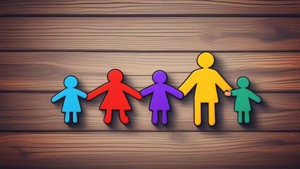 Autism concept. colorful human figures holding hands laying on wooden background.