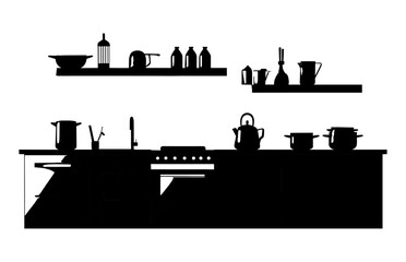 Kitchen Interior Vector Silhouette, kitchen furniture icons, Kitchen room silhouette.