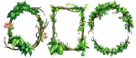 A forest plant branch set with tropical greenery with jungle liana leaves and flowers framed in rectangles and circles for the purpose of game user interface design. - obrazy, fototapety, plakaty