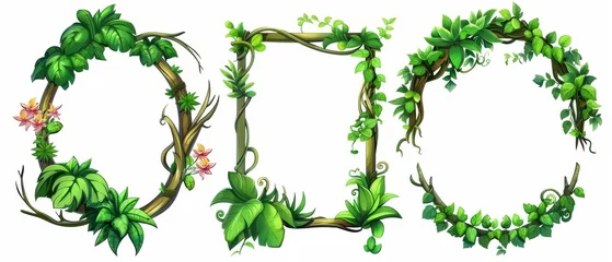 Foto op Canvas A forest plant branch set with tropical greenery with jungle liana leaves and flowers framed in rectangles and circles for the purpose of game user interface design. © Mark