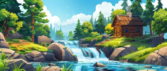 Poster An elegant wooden house sits in a forest on the edge of a river with cascade waterfalls, green trees and grass, and water flowing from big rocks. A cartoon modern summer landscape with a wood hut or © Mark