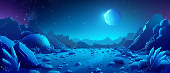 Zelfklevend Fotobehang An alien planet surface with glowing celestial bodies in the night sky. Cartoon modern of an outer space landscape with cosmic land, rocks and roads, magic plants. A fantasy outer space landscape. © Mark