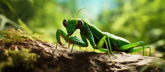 A green praying mantis, an arthropod and terrestrial animal, is perched on a rock in a grassy area. It is a natural predator of pests like grasshoppers and cricketlike insects - obrazy, fototapety, plakaty