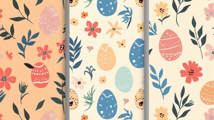 Happy Easter seamless pattern modern. Set of square cover design with easter egg, flowers. Spring-themed pattern for prints, wallpaper, covers, packaging, kids, and ads.