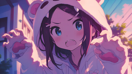 cute onesie pink costume anime girl doing roar pose
