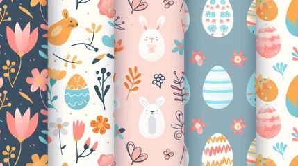 Fotobehang Seamless modern pattern of Easter egg, flower, rabbit. Spring season repeated in fabric pattern for prints, wallpaper, cover, packaging, kids, ads... © Mark