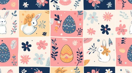 Modern seamless pattern with easter egg, flower, rabbit in spring season. Suitable for prints, wallpaper, covers, packaging, kids, ads, etc.