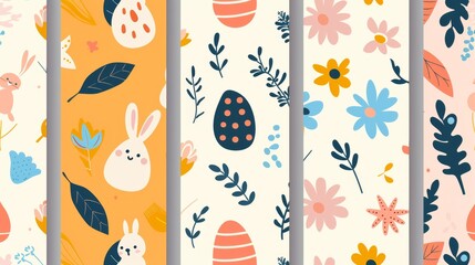 This seamless pattern modern features easter eggs, flowers, foliages, ribbons, and rabbits in a spring season pattern. It may be used for prints, wallpaper, covers, packaging, kids, or ads. - obrazy, fototapety, plakaty