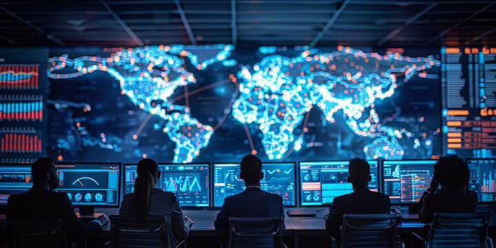 hightech control room with multiple screens displaying realtime global data and maps. Team of Professional Computer Data Science Engineers Work on Desktops with Screens Showing Charts, Graphs, maps