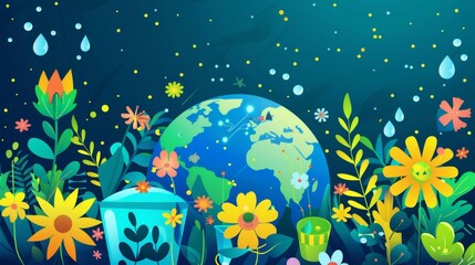 Eco-friendly illustration design for web, banner, campaign, social media post. Save the earth, globe, recycle bin, water drop, flower groovy style.