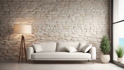 
A modern living room in a Mediterranean-style home features a white sofa adorned with beige pillows, positioned near a window with a view, against a backdrop of a stone-clad wall.