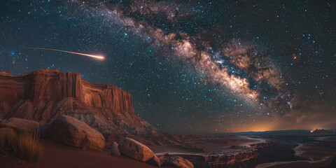 A bright comet flying in sandstone cliffs at night background - obrazy, fototapety, plakaty