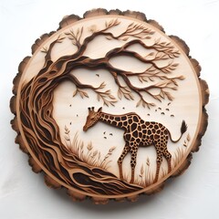 Pyrography of animal species on a round tree with bark