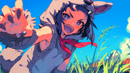 Obraz na płótnie Canvas cute onesie wolf costume anime girl doing roar pose
