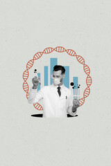 Collage image of confident young doctor scientist hold lab tube medicine test isolated on drawing...