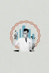 Gardinen Collage image of confident young doctor scientist hold lab tube medicine test isolated on drawing background © deagreez