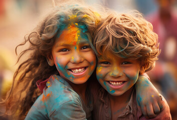 Happy Indian children with colorful face enjoy at holi color festival.The most colorful festival on the planet, Holi is an annual Hindu religious festival.