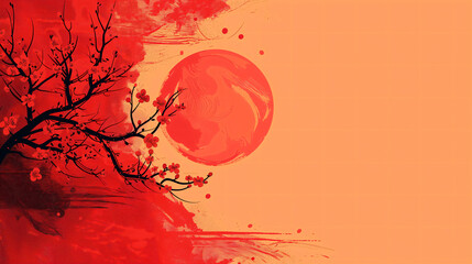 Asian American Heritage Month background. Oriental template design with empty copy space.. Abstract backdrop with sun and cherry tree..