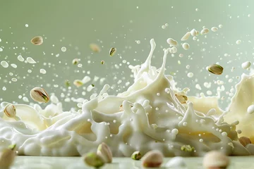 Fototapeten Pistachios falling into white milk on a light green background , splashes milk © Nice Seven