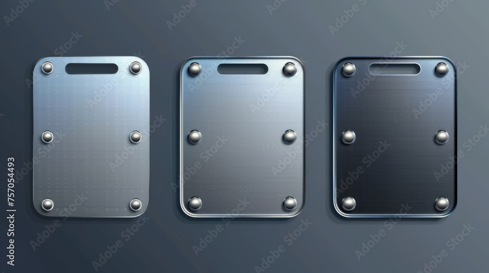Poster an empty metal board with borders and screws. silver plaque or stainless frame mockup with a chrome 