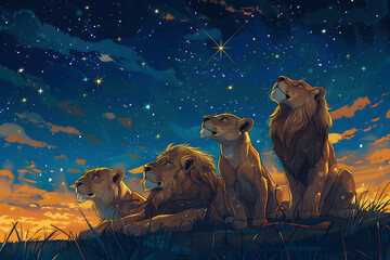 ライオンの家族がサバンナで星空を眺めているイラスト - obrazy, fototapety, plakaty