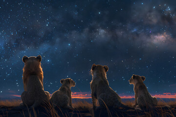 ライオンの家族がサバンナで星空を眺めているイラスト - obrazy, fototapety, plakaty