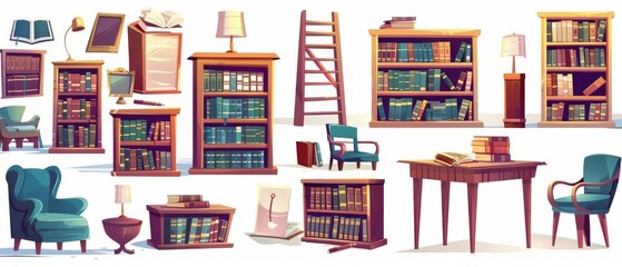 Set of cartoon illustration set showing public library books, furniture, and equipment. Literature on shelves in bookcase, stacked and open, wooden table and chair, lamp and wooden chair for study or