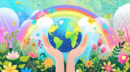 An eco-friendly illustration design for web, banners, campaigns, and social media. A happy earth day concept background modern. Save the earth, globe, rainbow style.
