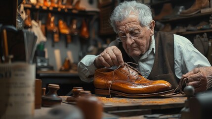 Skilled Italian shoemaker carefully lacing up a polished handmade shoe in a traditional workshop