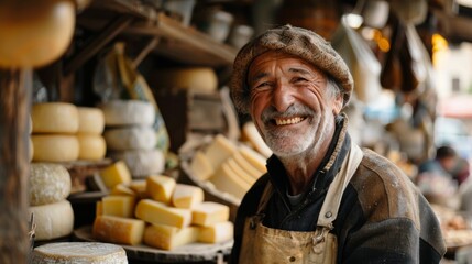 Traditional Italian cheesemaker presenting his artisan cheeses in a village market
