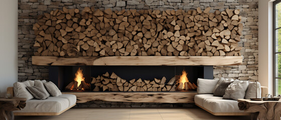 Firewood for the fireplace on the wall. ..