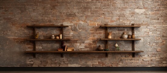 A brown wooden shelf sits on a brick wall, creating a lovely contrast between the natural wood and the rugged brickwork of the building facade