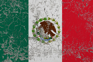 Destructible, crumbling stone wall. Conceptual background in colors flag of Mexico