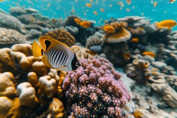 Fototapeta na wymiar Tropical sea underwater fishes on coral reef. Aquarium oceanarium wildlife colorful marine panorama landscape nature snorkeling diving