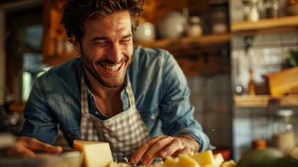Man in casual wear smiling while cutting Gouda cheese in a rustic kitchen setting