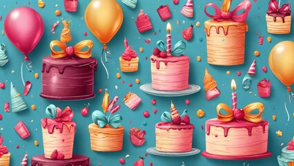 A colorful carnival or party frame of balloons, streamers, and confetti on rustic wood planks with copy space, surrounding a cheerful happy birthday cake.