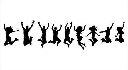 Horizontal silhouettes group people jumping difference style vector set on white background