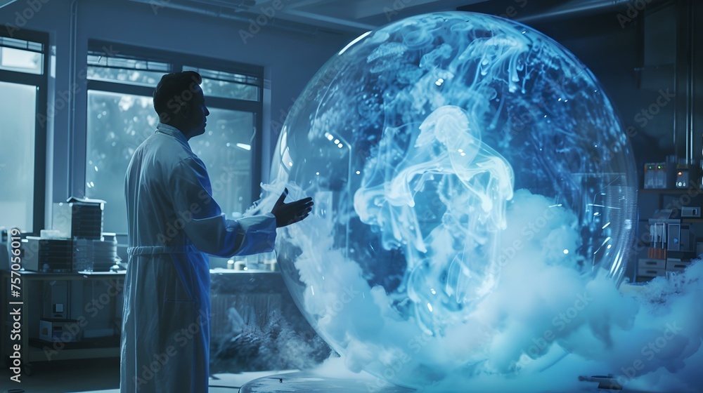 Poster futuristic scientist interacts with a holographic globe in a high-tech laboratory. concept of innova