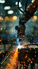 Closeup of metal factory machine robot welding and cutting on conveyor belt in factory