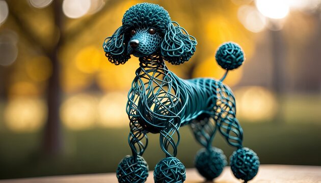 dog bent wire figure on blurred backdrop, abstract wire dog creative figures, art and imagination intersection.