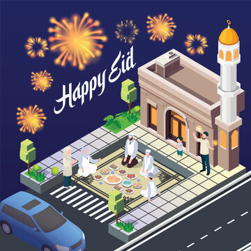3d illustration ramadan kareem eating with family. in 
sidewalk with food and drinks on the table lit by lanterns. Suitable for Diagrams, Infographics, Book Illustration