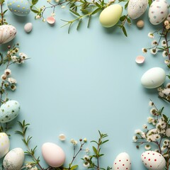Naklejka na ściany i meble Happy Easter day background frame with eggs and empty copy space Generative Ai 
