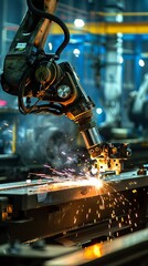 Closeup of metal factory machine robot welding and cutting on conveyor belt in factory