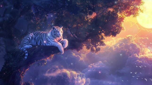 Majestic white tiger seated beneath an enchanting fantasy tree
 Seamless looping 4k time-lapse virtual video animation background. Generated AI