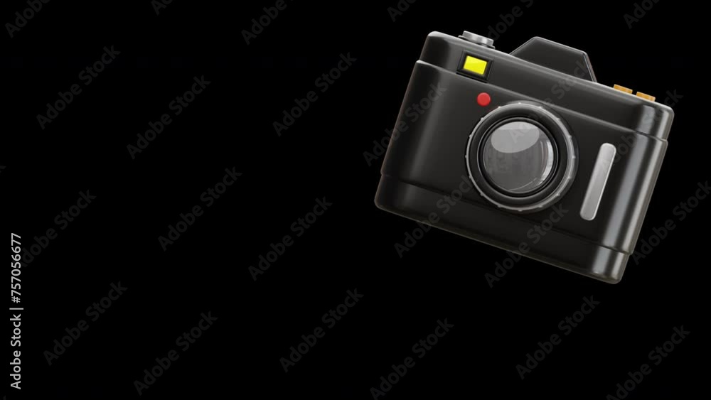 Poster 3d animation of black camera flashing while taking a photo | alpha channel