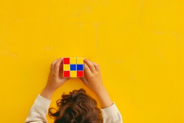 top view little kid playing with rubics cube yellow background