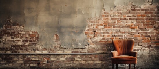 A chair is placed in front of a sturdy brick wall, part of a buildings facade in the city. The brickwork contrasts with the wooden flooring - obrazy, fototapety, plakaty