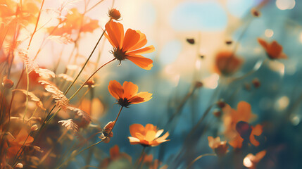 summer flowers on Blurred background with soft pastel colors, bokeh effect, bubbles and sparkles,...